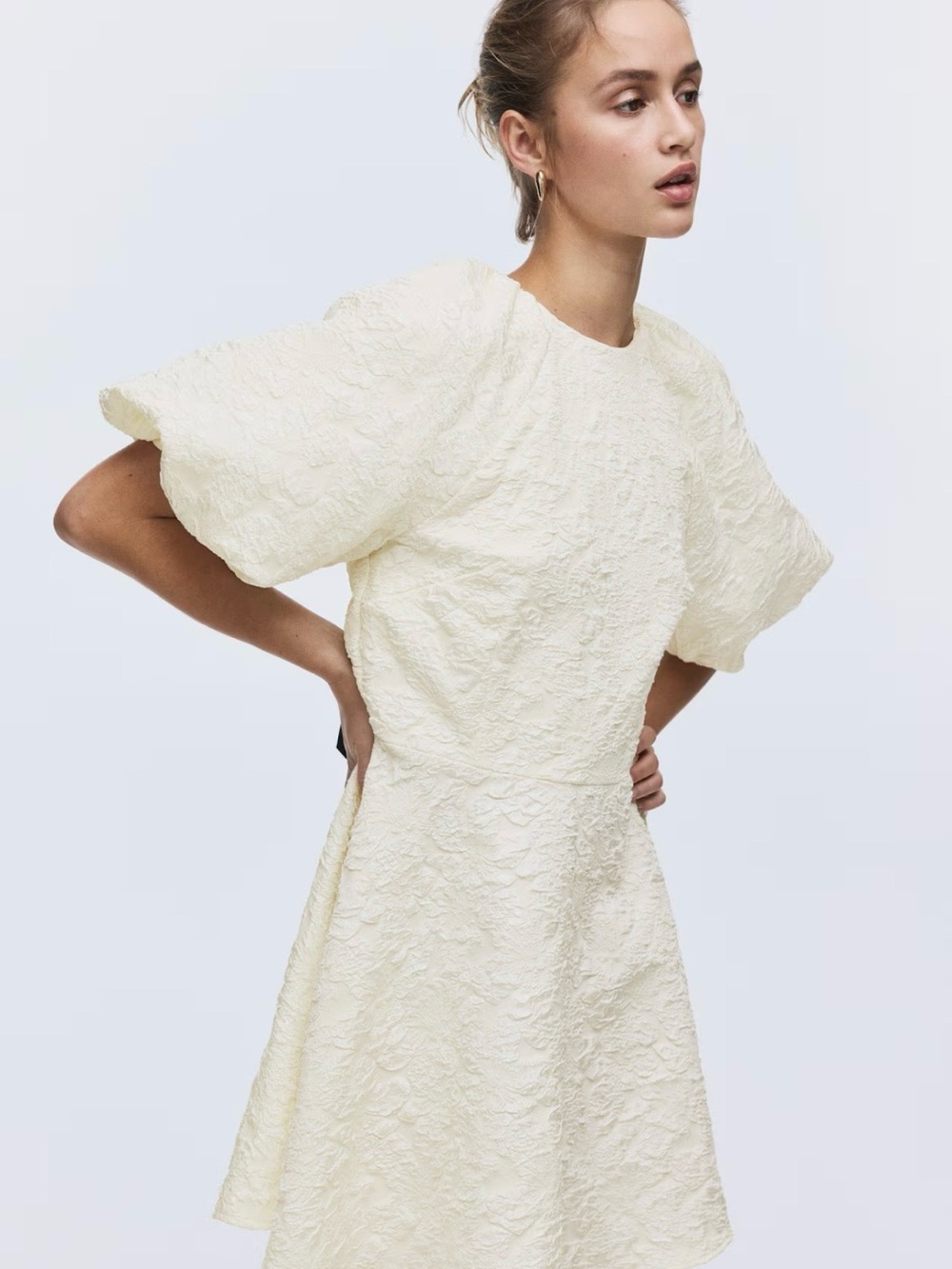 H&M Cream Textured Puff-Sleeve Mini Dress